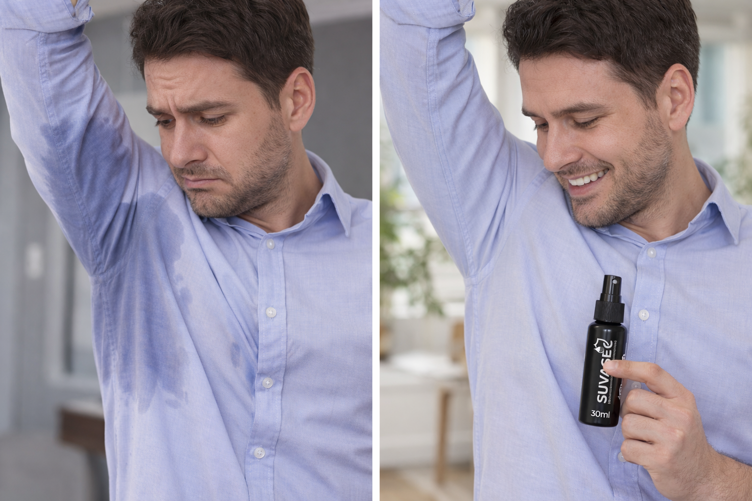 Antes e depois: camisa azul com marca de suor (antes) e axila seca segurando o spray (depois)