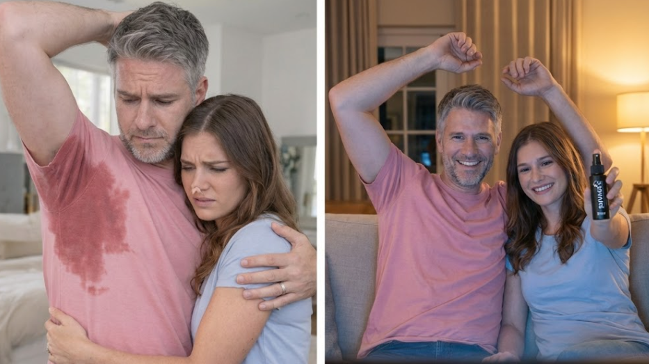 Antes e depois: casal com marca de suor (antes) e confortável segurando o spray (depois)