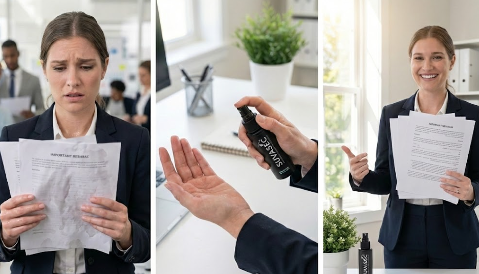 Antes e depois: mãos suadas com papel molhado (antes) e mãos secas após aplicar o spray (depois)